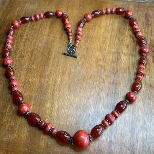 Sterling Silver and Red Carnelian Coral Statement Necklace